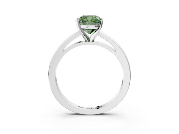 Platinum Fancy Green Cushion  Solitaire Diamond Engagement Ring with Four-Prong Setting on a Classic Band