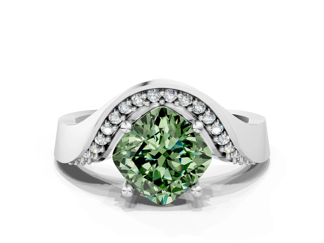 White gold Fancy Green Cushion  Solitaire Diamond Engagement Ring with Pave Band and Four-Prong Setting_26