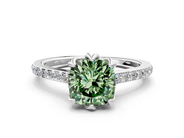 Platinum Fancy Green Cushion  Solitaire Diamond Engagement Ring with Pave Band and Six-Prong Setting