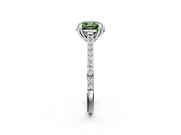 Platinum Fancy Green Cushion  Solitaire Diamond Engagement Ring with Pave Band and Six-Prong Setting