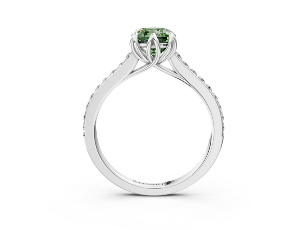 Platinum Fancy Green Cushion  Solitaire Diamond Engagement Ring with Pave Band and Six-Prong Setting