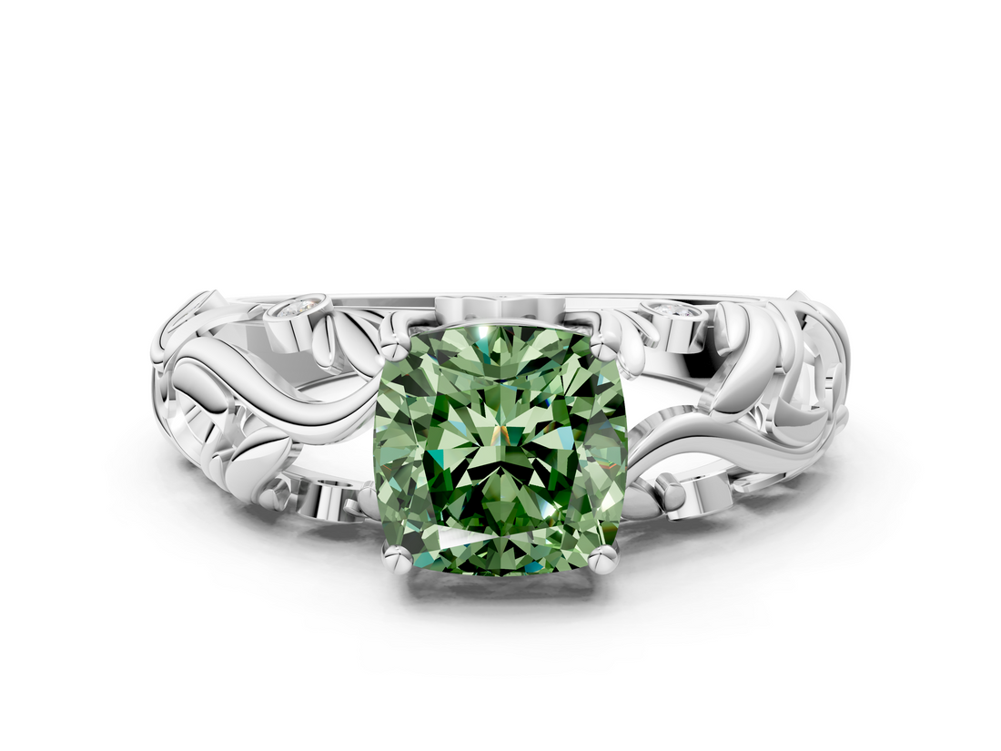White gold Fancy Green Cushion  Solitaire Diamond Leaf Vine Band with Prong Setting_71