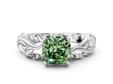 White gold Fancy Green Cushion  Solitaire Diamond Leaf Vine Band with Prong Setting_71