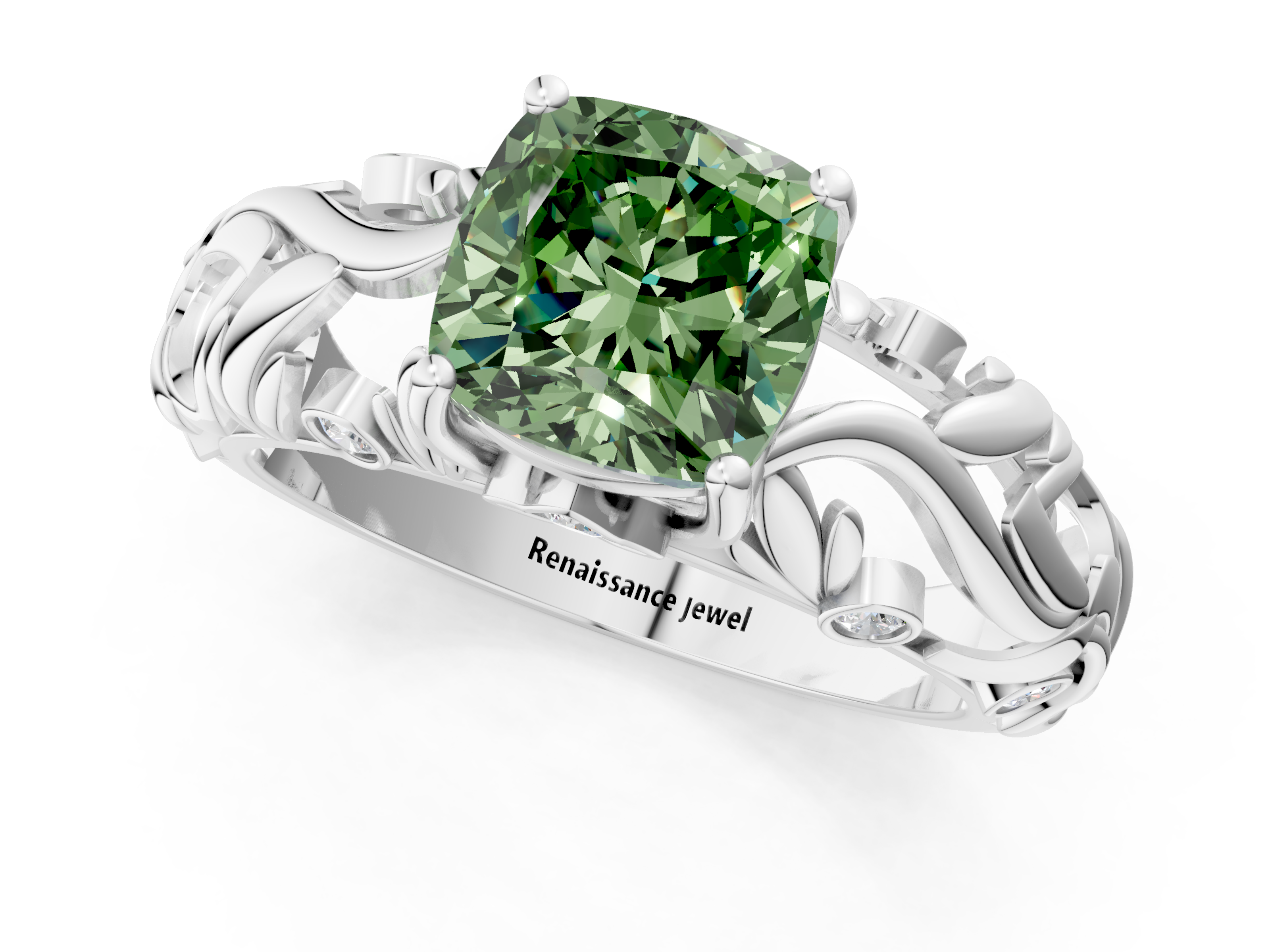 White gold Fancy Green Cushion  Solitaire Diamond Leaf Vine Band with Prong Setting_71