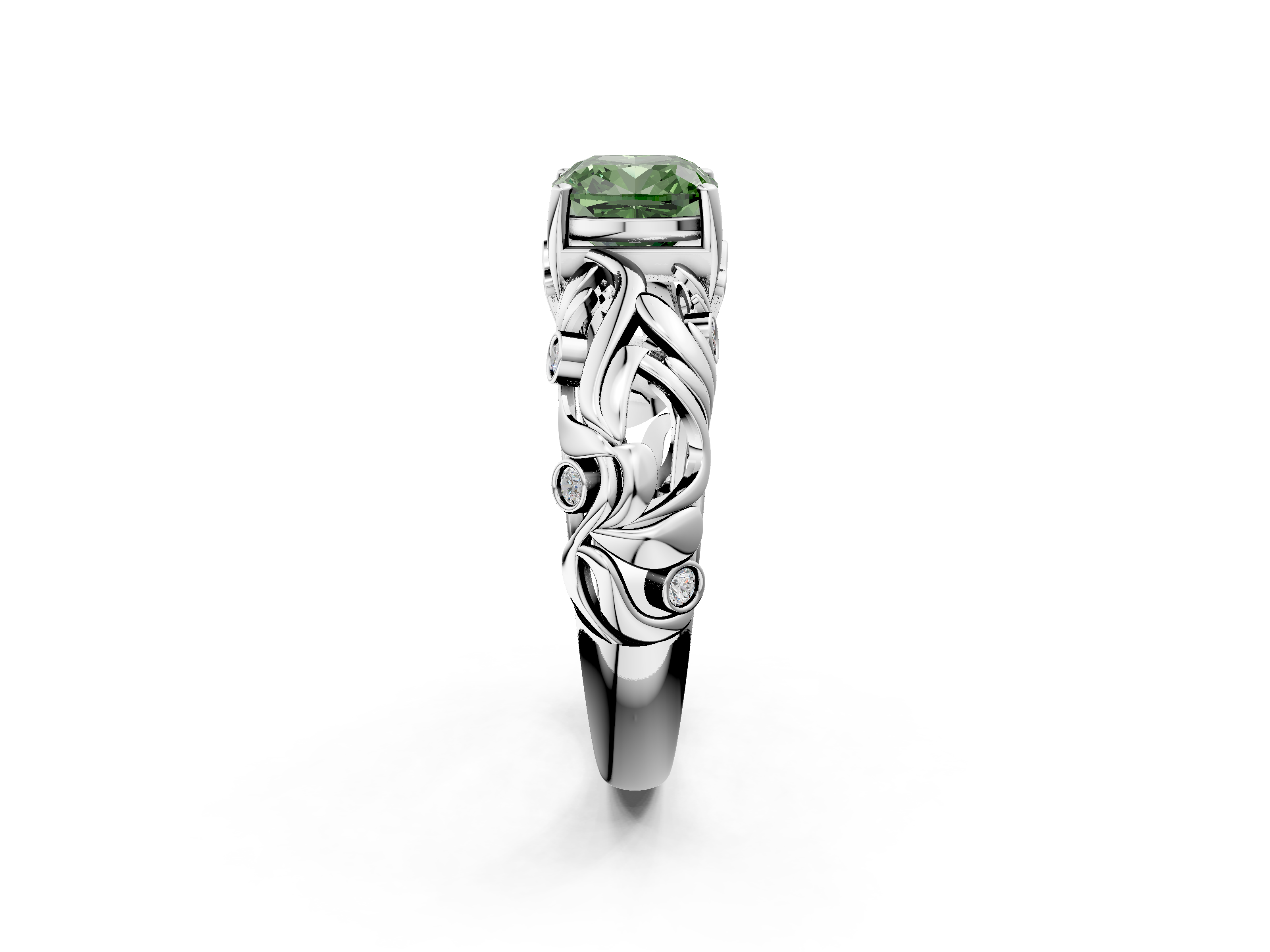 White gold Fancy Green Cushion  Solitaire Diamond Leaf Vine Band with Prong Setting_72