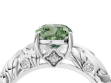 White gold Fancy Green Cushion  Solitaire Diamond Leaf Vine Band with Prong Setting_75