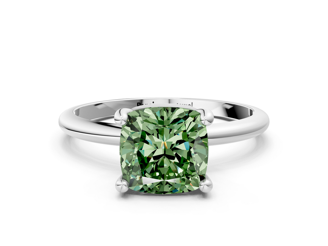 White gold Fancy Green Cushion  Solitaire Diamond Ring with 4-Prong Setting on a Classic Band_3