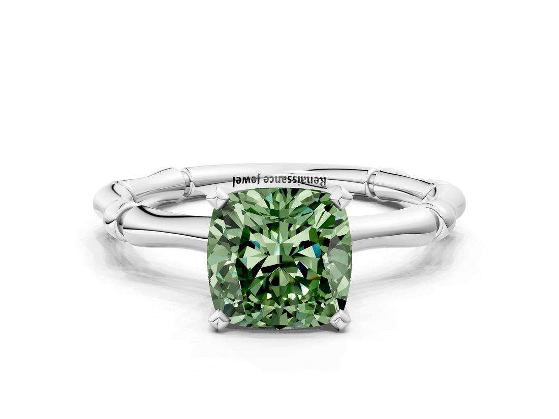 White gold Fancy Green Cushion  Solitaire Diamond Ring with Bamboo Band and Four-Prong Setting_54