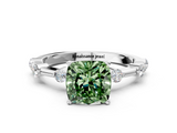 White gold Fancy Green Cushion  Solitaire Diamond Ring with Bezel Set Side Stones and Prong Setting_3