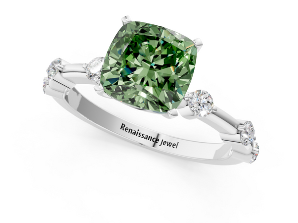 White gold Fancy Green Cushion  Solitaire Diamond Ring with Bezel Set Side Stones and Prong Setting