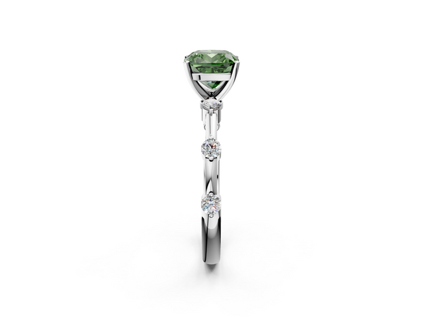 White gold Fancy Green Cushion  Solitaire Diamond Ring with Bezel Set Side Stones and Prong Setting