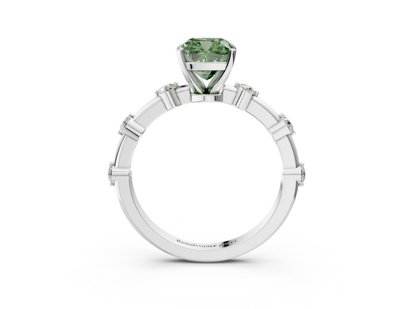 White gold Fancy Green Cushion  Solitaire Diamond Ring with Bezel Set Side Stones and Prong Setting