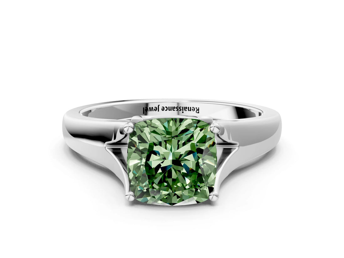 White gold Fancy Green Cushion  Solitaire Diamond Ring with Cathedral Band and Four-Prong Setting_66