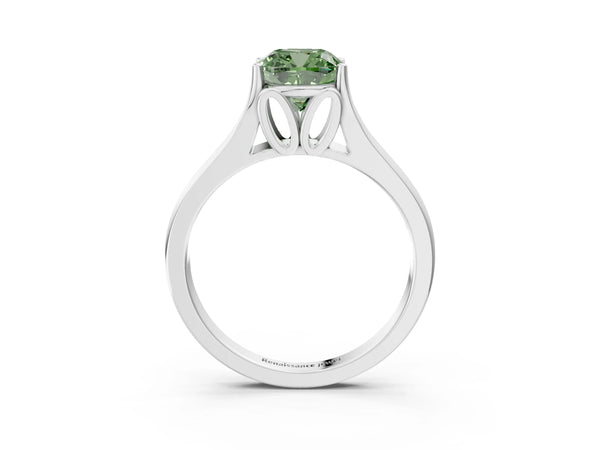 Platinum Fancy Green Cushion  Solitaire Diamond Ring with Cathedral Band and Four-Prong Setting