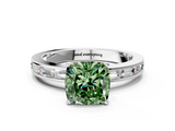 White gold Fancy Green Cushion  Solitaire Diamond Ring with Channel-Set Baguette Band and Four-Prong Setting_46