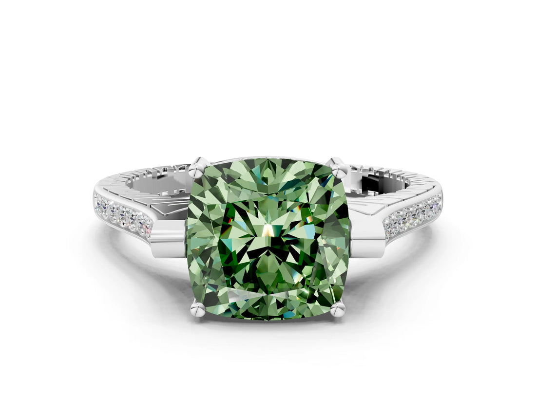 White gold Fancy Green Cushion  Solitaire Diamond Ring with Channel Set Band and Bezel Prong Setting_86