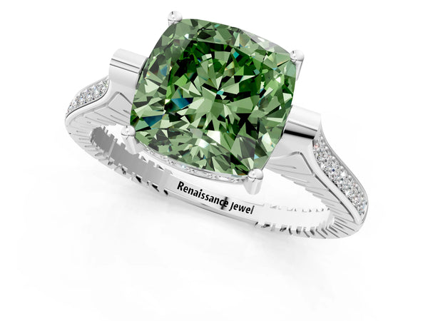 White Gold Cushion Cut Vintage Cathedral Engagement Ring Setting for Fancy Green Center