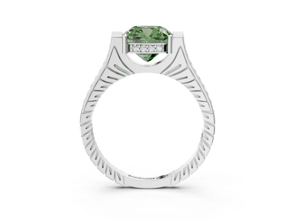 Platinum Cushion Cut Vintage Cathedral Engagement Ring Setting for Fancy Green Center