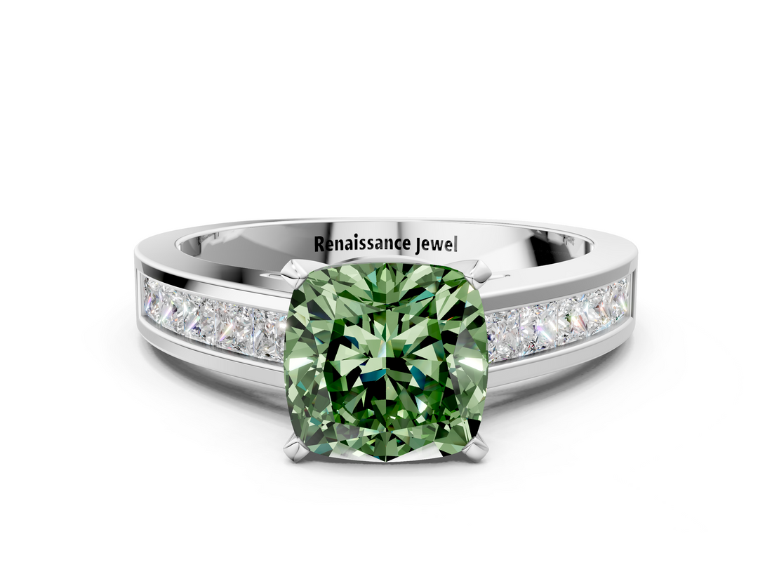 White gold Fancy Green Cushion  Solitaire Diamond Ring with Channel-Set Band and Four-Prong Setting_3