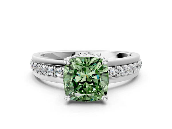 White gold Fancy Green Cushion  Solitaire Diamond Ring with Channel Set Band and Six-Prong Setting