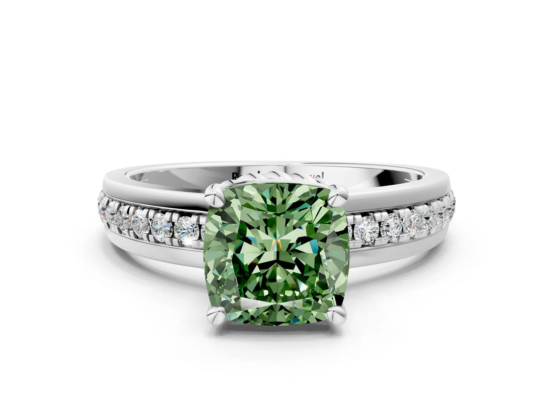 White gold Fancy Green Cushion  Solitaire Diamond Ring with Channel Set Band and Six-Prong Setting_48