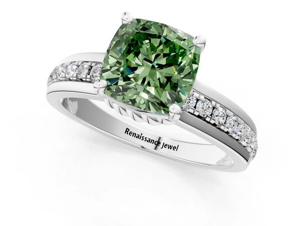 White gold Fancy Green Cushion  Solitaire Diamond Ring with Channel Set Band and Six-Prong Setting