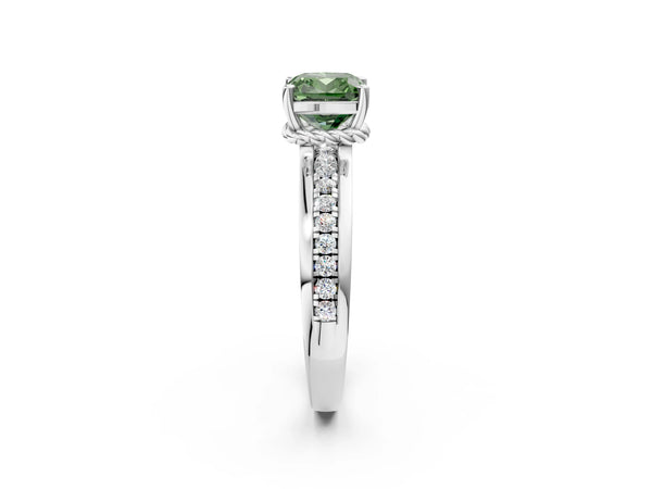 White gold Fancy Green Cushion  Solitaire Diamond Ring with Channel Set Band and Six-Prong Setting