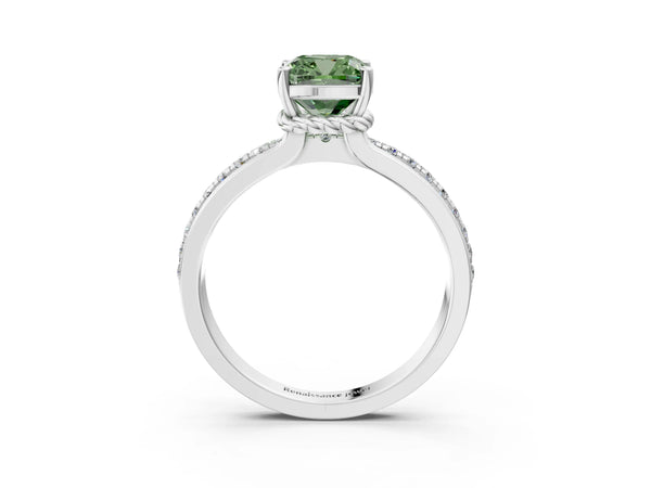 White gold Fancy Green Cushion  Solitaire Diamond Ring with Channel Set Band and Six-Prong Setting