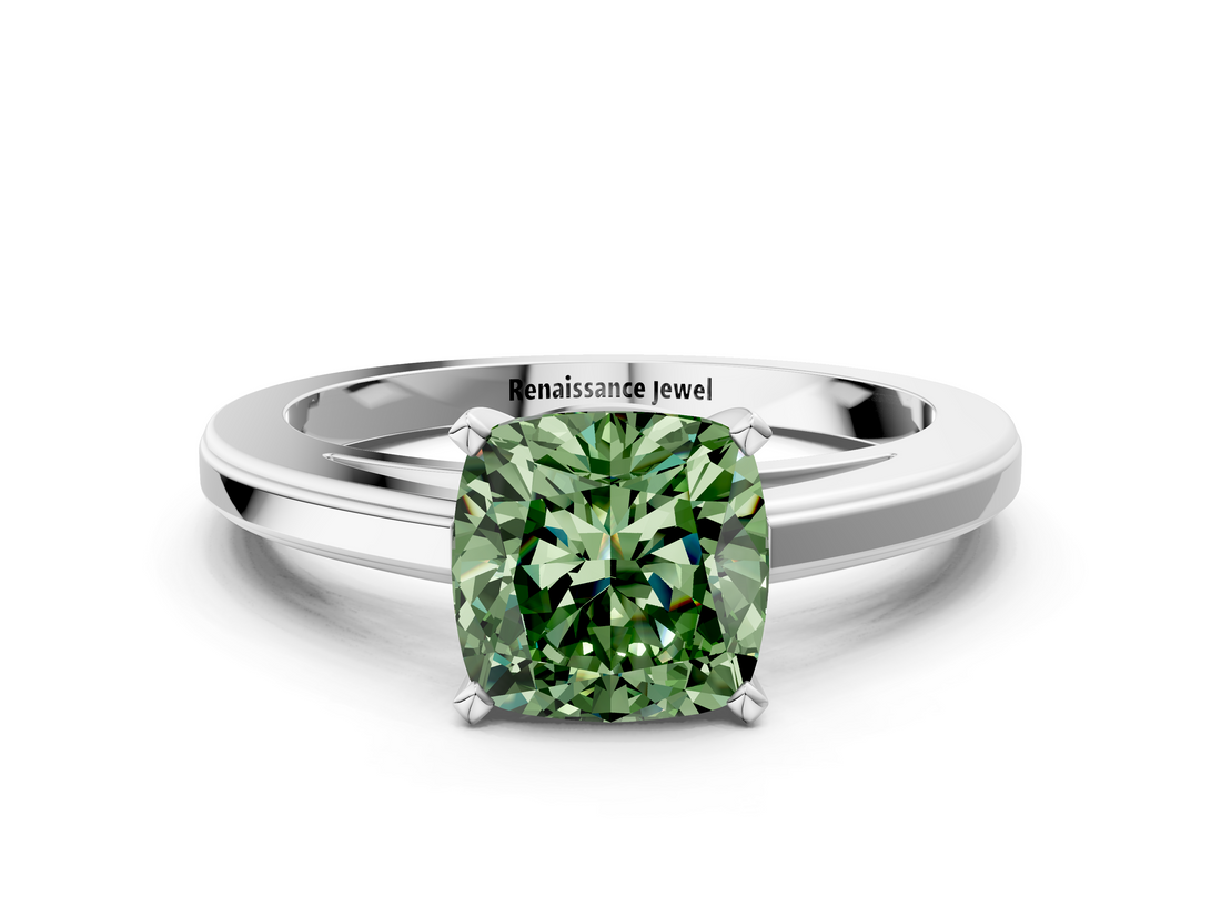 White gold Fancy Green Cushion  Solitaire Diamond Ring with Four-Prong Setting and Classic Band_3