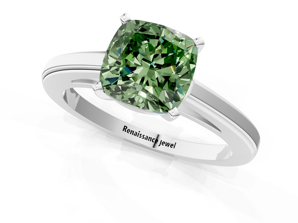 White gold Fancy Green Cushion  Solitaire Diamond Ring with Four-Prong Setting and Classic Band