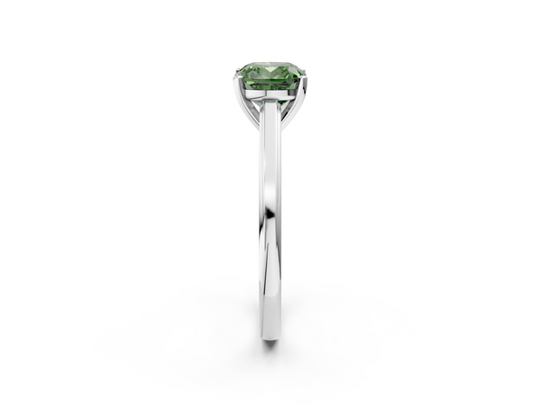 White gold Fancy Green Cushion  Solitaire Diamond Ring with Four-Prong Setting and Classic Band