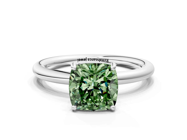 White gold Fancy Green Cushion  Solitaire Diamond Ring with Four-Prong Setting on a Plain Band