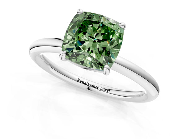 White gold Fancy Green Cushion  Solitaire Diamond Ring with Four-Prong Setting on a Plain Band
