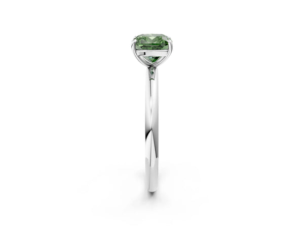 White gold Fancy Green Cushion  Solitaire Diamond Ring with Four-Prong Setting on a Plain Band