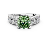 White gold Fancy Green Cushion  Solitaire Diamond Ring with Milgrain Pavé Band and Four-Prong Setting_20