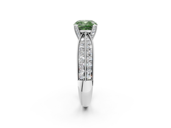 White gold Fancy Green Cushion  Solitaire Diamond Ring with Milgrain Pavé Band and Four-Prong Setting