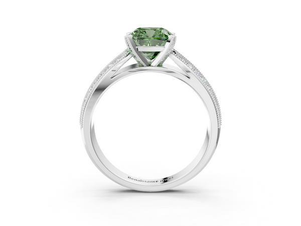 White gold Fancy Green Cushion  Solitaire Diamond Ring with Milgrain Pavé Band and Four-Prong Setting