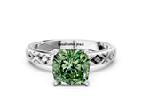 White gold Fancy Green Cushion  Solitaire Diamond Ring with Milgrain and Black Enamel X Pattern Band_120