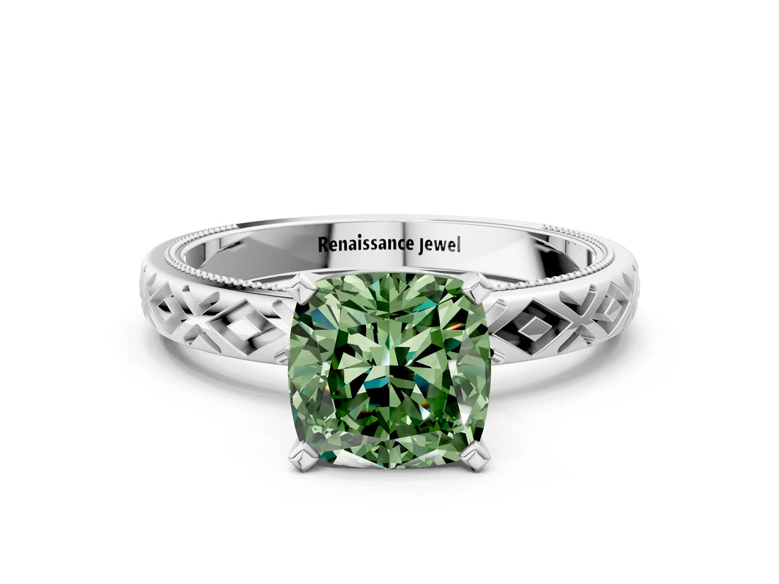 White gold Fancy Green Cushion  Solitaire Diamond Ring with Milgrain and Black Enamel X Pattern Band_178