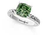 White gold Fancy Green Cushion  Solitaire Diamond Ring with Milgrain and Black Enamel X Pattern Band_179