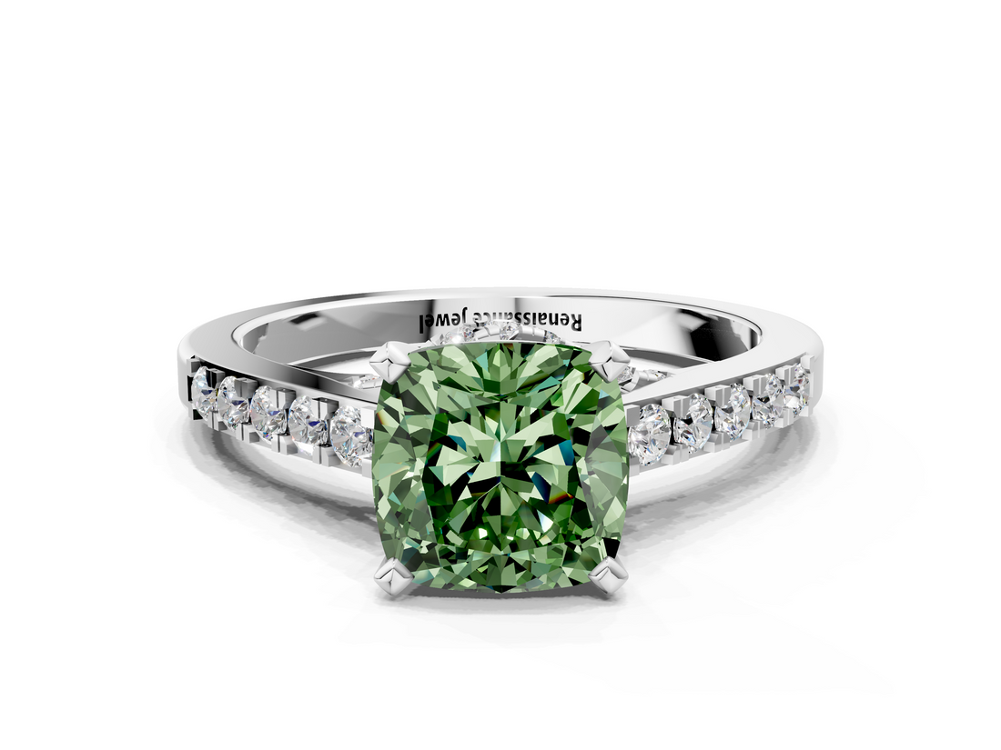 White gold Fancy Green Cushion  Solitaire Diamond Ring with Pavé Band and Four-Prong Setting_101