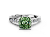 White gold Fancy Green Cushion  Solitaire Diamond Ring with Pavé Band and Four-Prong Setting_101