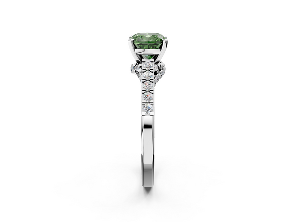 Platinum Fancy Green Cushion  Diamond Solitaire Ring with Pavé Band and Prong Setting