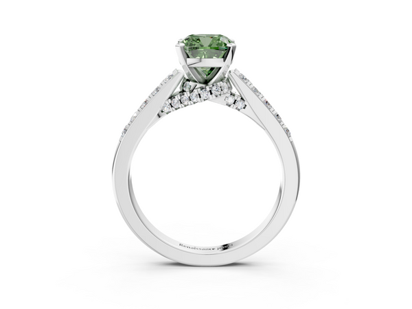 Platinum Fancy Green Cushion  Diamond Solitaire Ring with Pavé Band and Prong Setting