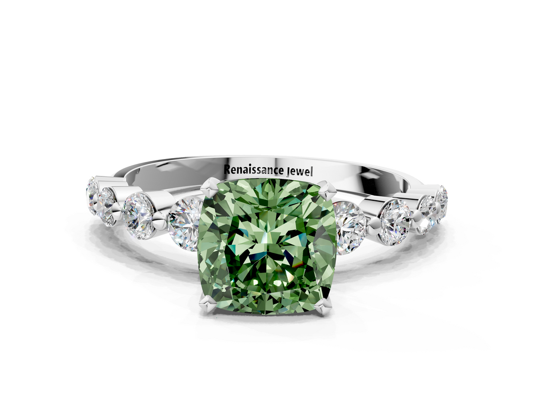 White gold Fancy Green Cushion  Solitaire Diamond Ring with Pave Band and Four-Prong Setting_271