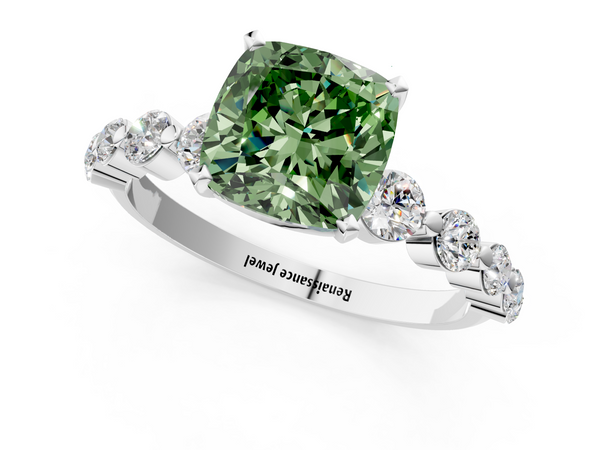 White gold Fancy Green Cushion Cut Solitaire Diamond Ring with Pave Band and Four-Prong Setting