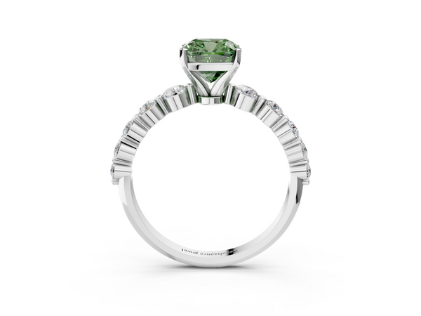 White gold Fancy Green Cushion Cut Solitaire Diamond Ring with Pave Band and Four-Prong Setting
