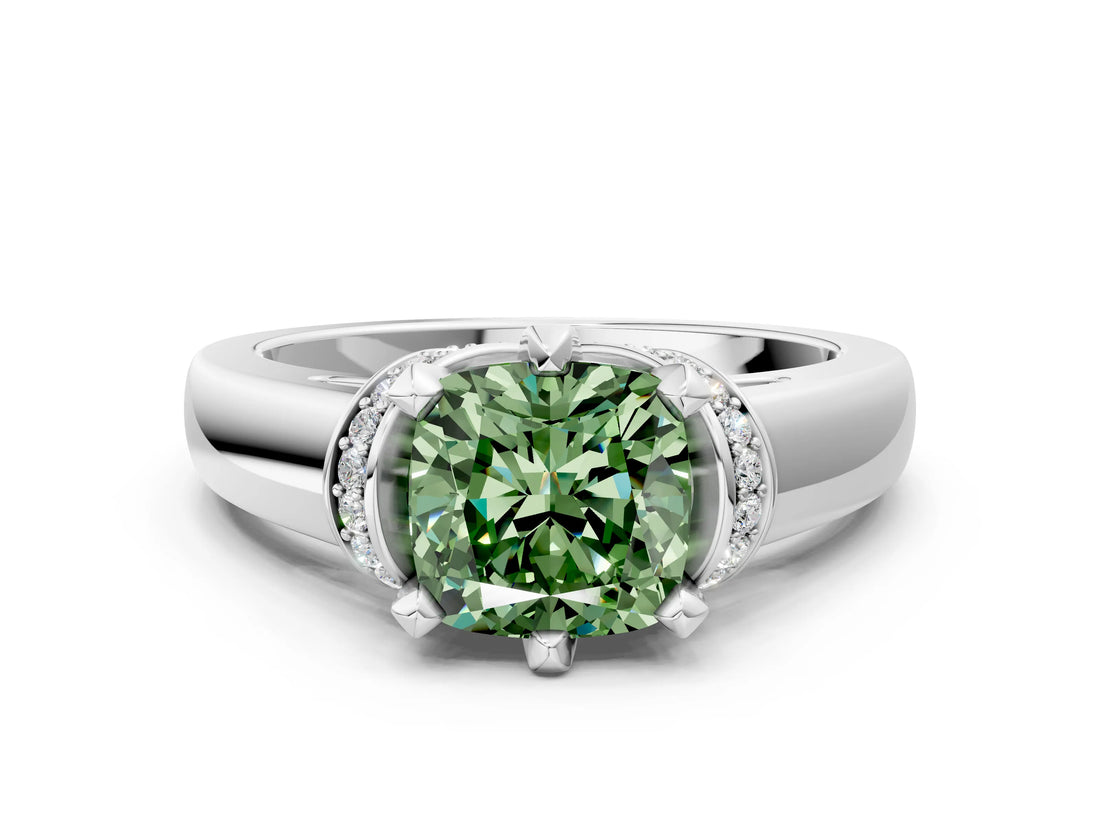 White gold Fancy Green Cushion  Solitaire Diamond Ring with Pave Band and Six-Prong Setting_32