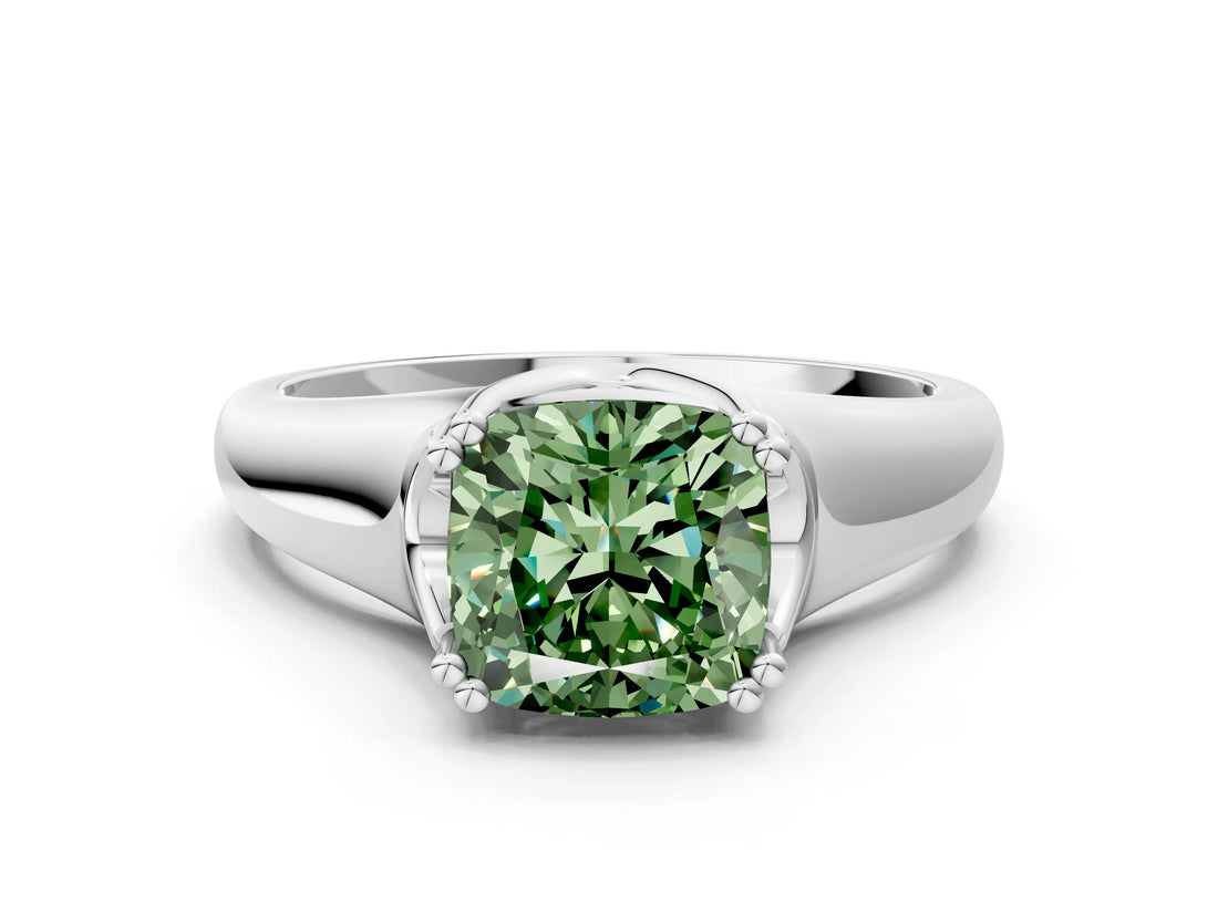 White gold Fancy Green Cushion  Solitaire Diamond Ring with Six-Prong Cathedral Setting_32