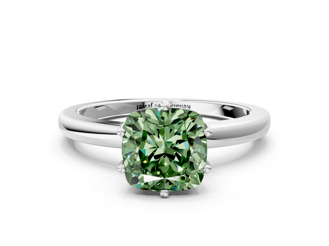 White gold Fancy Green Cushion  Solitaire Diamond Ring with Six-Prong Setting on a Classic Band_3